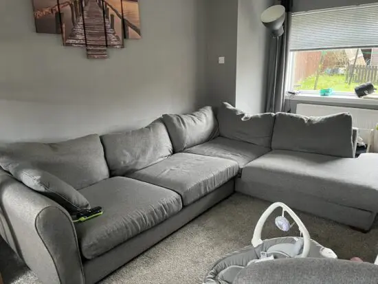 Grey corner sofa and swivel chair