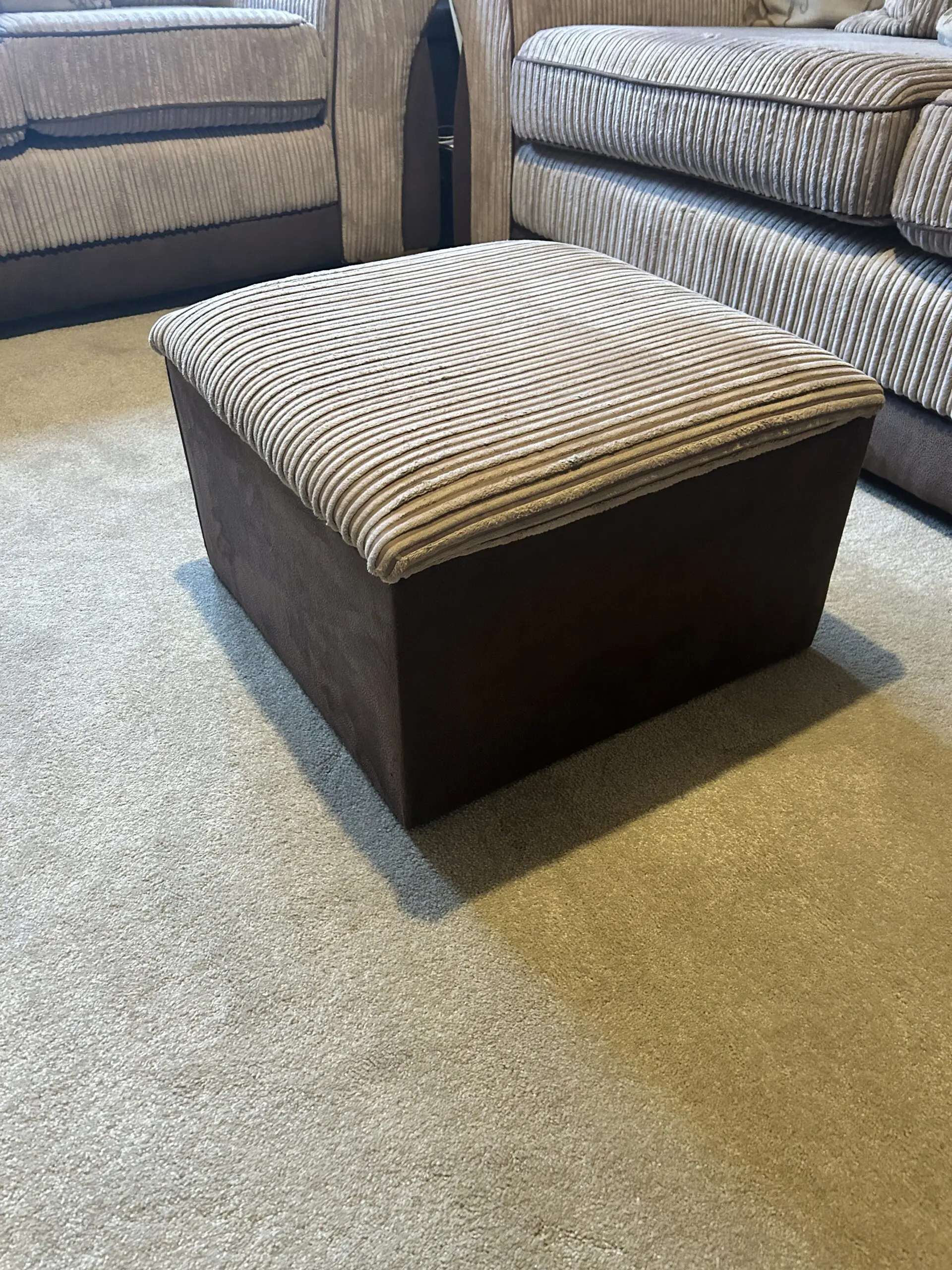 Beige and brown cord sofa with scatter back