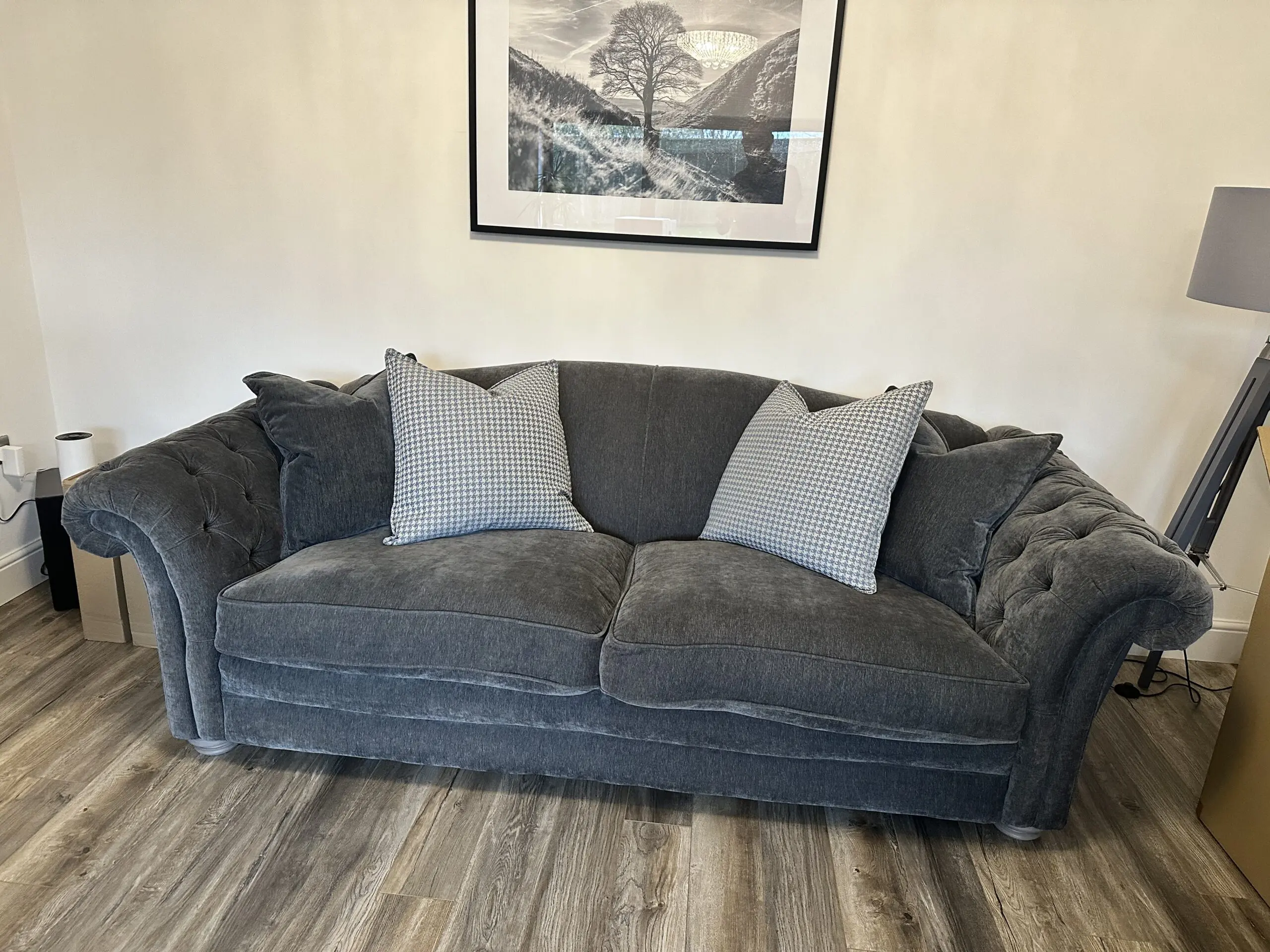 DFS Warwick Grey Pillow Back 4 Seater Sofas x 2 + Large Contrasting Footstool