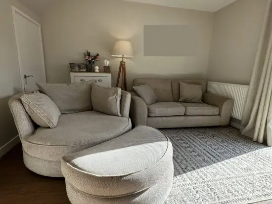 DFS Three-Piece Woven Beige Sofa Cuddle chair Set