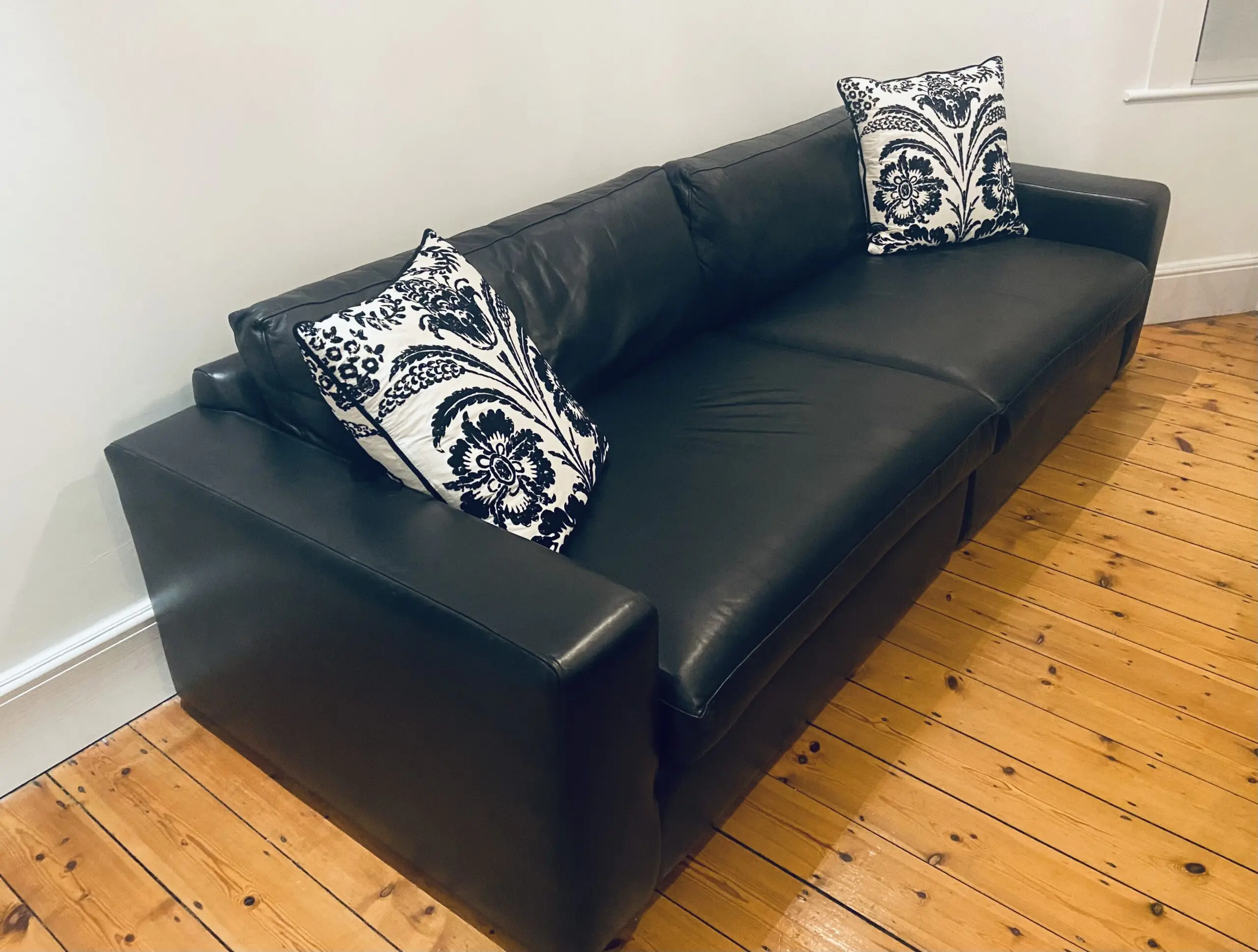 Extra Large Bespoke Black Leather Sofa with cushions