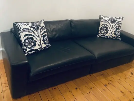 Extra Large Bespoke Black Leather Sofa with cushions