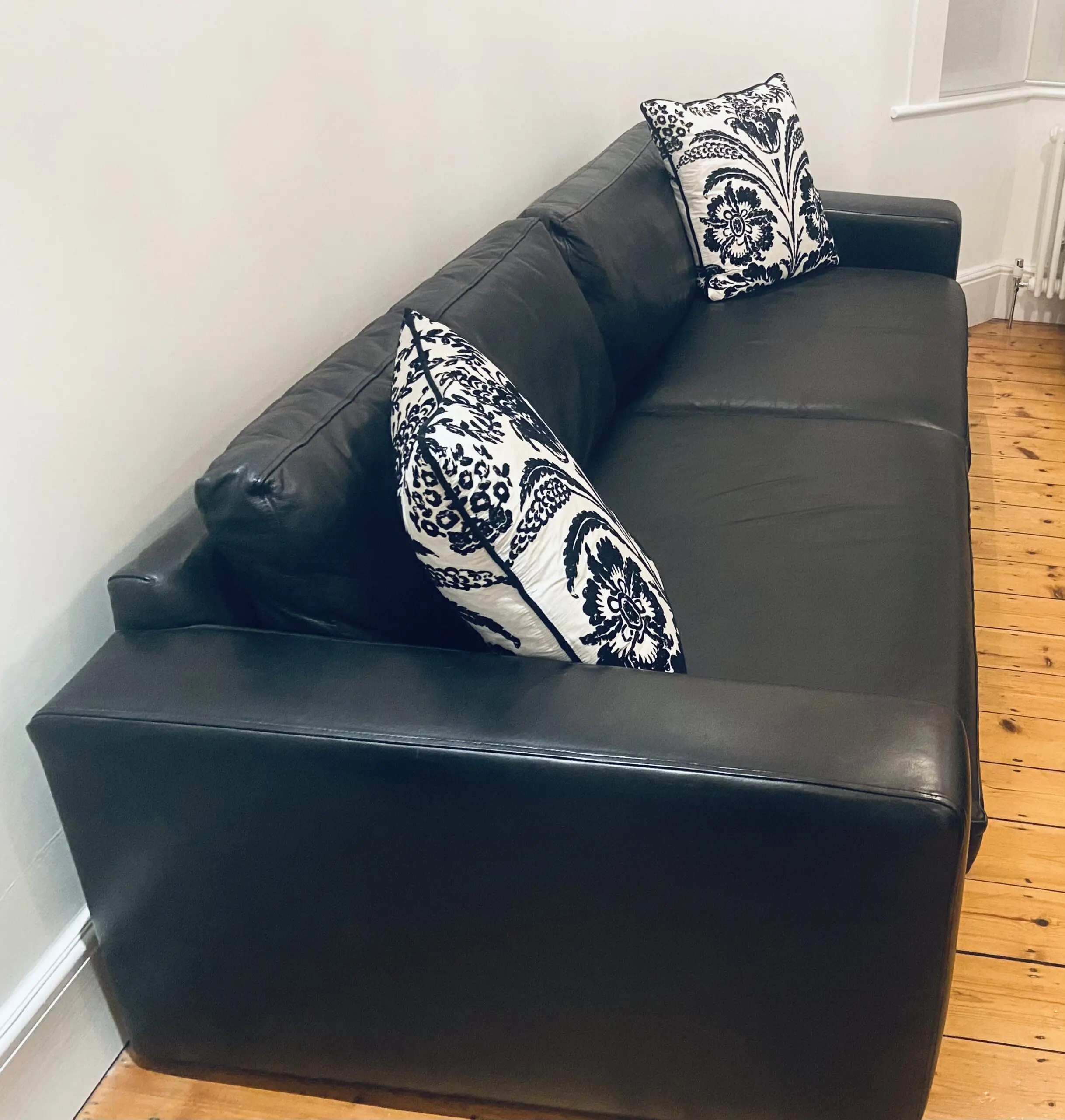 Extra Large Bespoke Black Leather Sofa with cushions