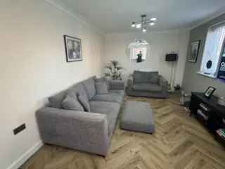 Grey Fabric Sofa Set, Four Seater, Loveseat and Footstool