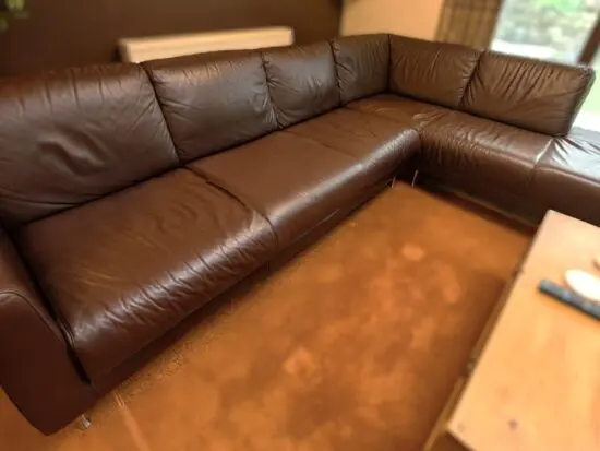 IKEA Dark Brown Leather Corner Sofa & Footstool