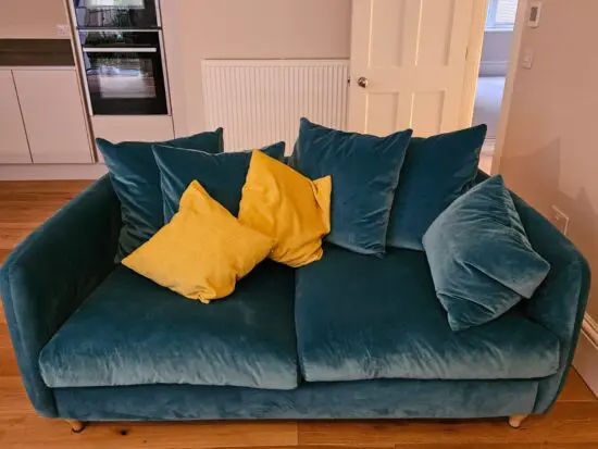 Loaf pacific blue podge sofa, loveseat and footstool