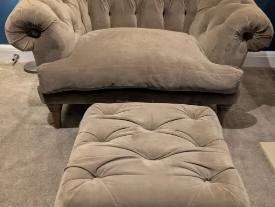 LOAF Bagsie Love Seat in Fawn Clever Velvet & Square Dimple Footstool in Fawn Clever Velvet