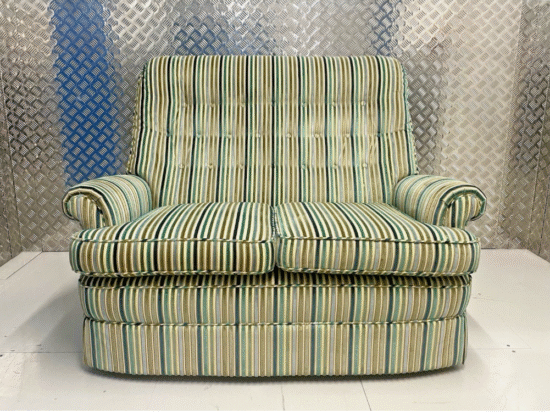 Beautiful Vintage Parker Knoll tufted 2 seat sofa in striped Teal Velvet fabric