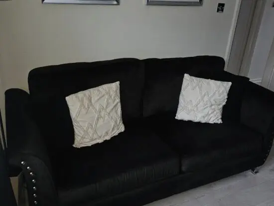 SCS black valvet 3 seater sofa with silver stud detail and silver legs very good condition