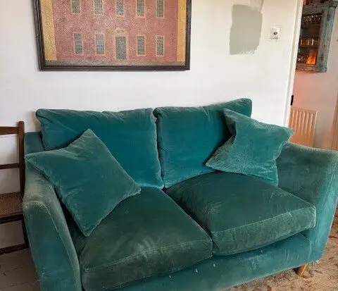 Teal Velvet Sofas with feather seat and back cushions