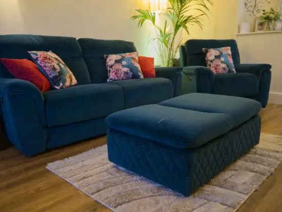 DFS Ronan Teal Power Recliner Sofa Set with DFS Vortex Teal Storage Stool Chair