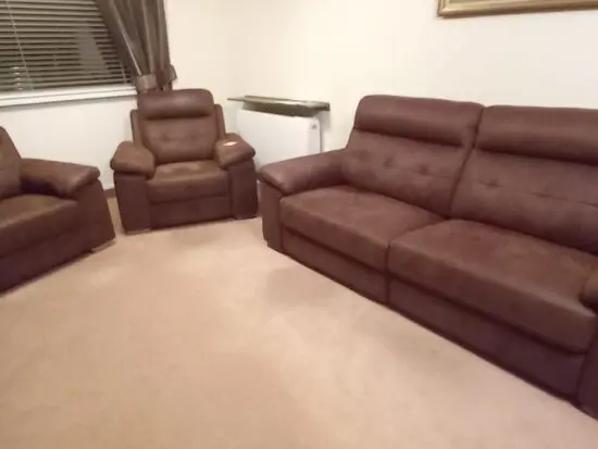 Chocolate brown farrow fabric reclining sofa & chairs