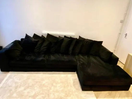 Velvet pillow back left hand corner sofa