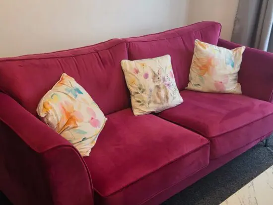 Pink fabric sofa made to order by sofa warehouse