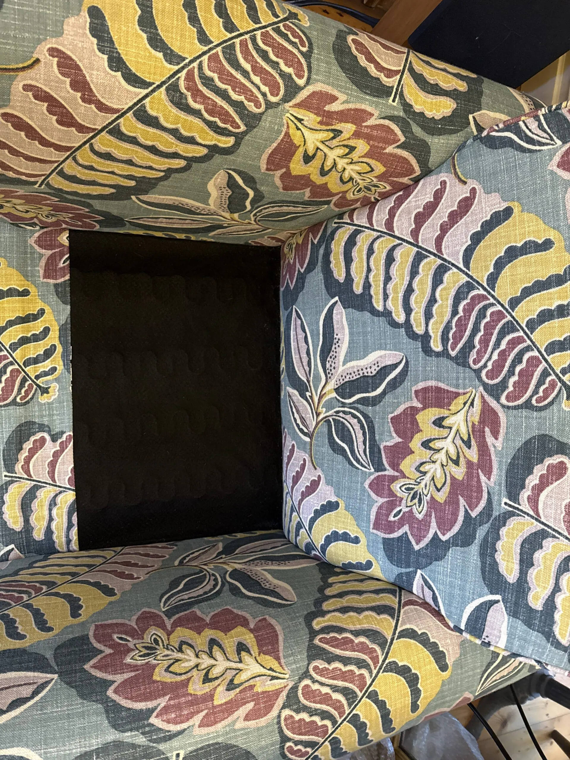 Armchair in Sanderson Fitzroy Designer Fabric Blue, Mauve, Yellow