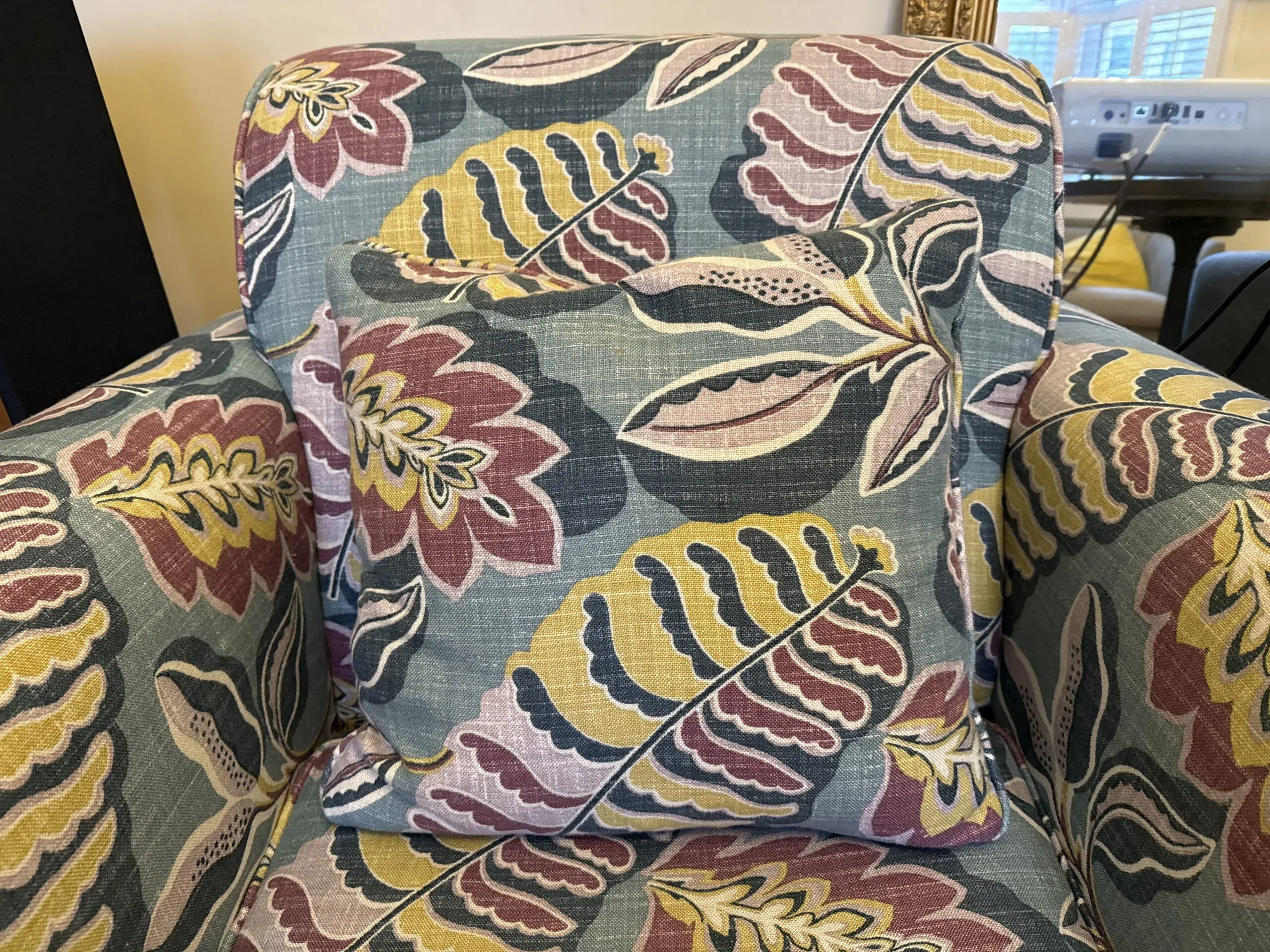 Armchair in Sanderson Fitzroy Designer Fabric Blue, Mauve, Yellow