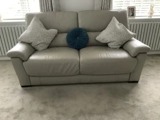 Barkers of Northallerton.Dove grey leather sofa and chair