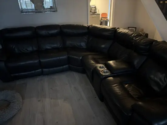 Radley recliner corner Sofology sofa, black leather with reclining seat/puffet