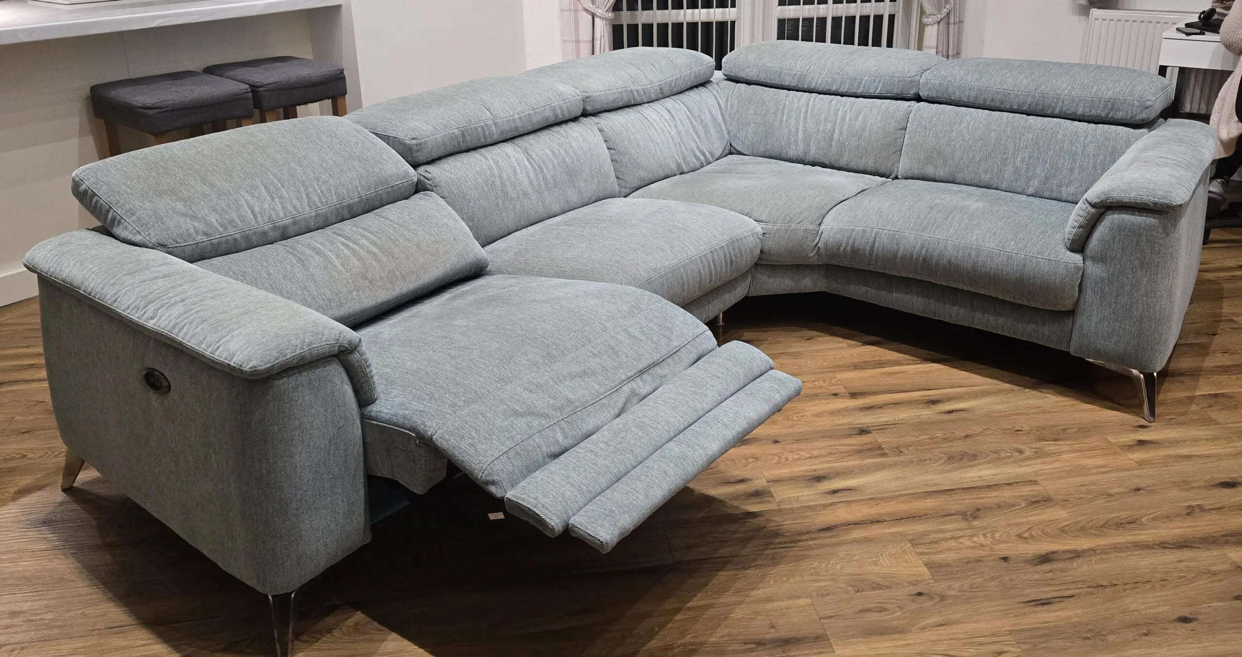 Left hand corner sofa in Teal, 4 seater with battery powered recliner plus footstool in same colour / fabric
