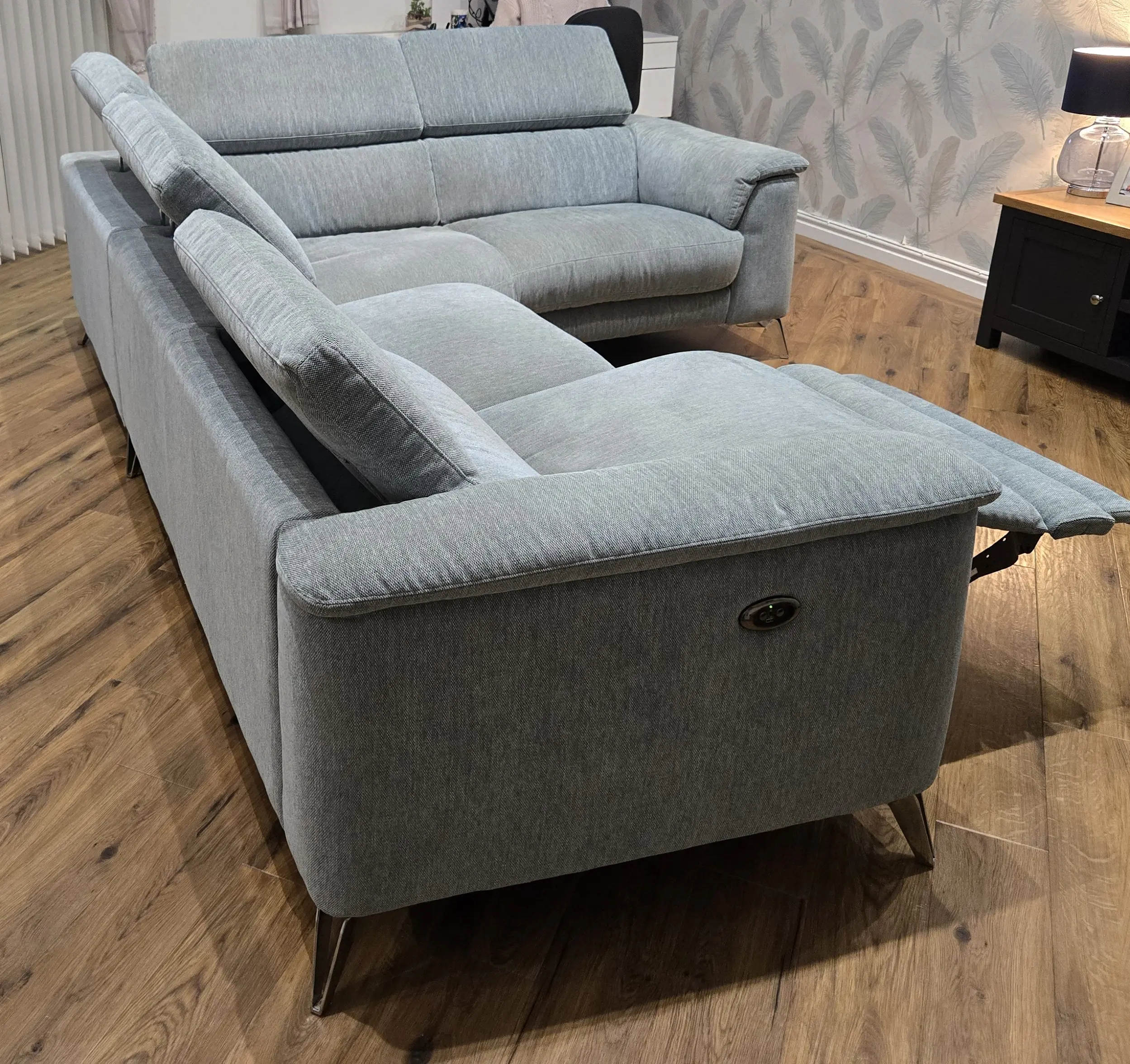 Left hand corner sofa in Teal, 4 seater with battery powered recliner plus footstool in same colour / fabric