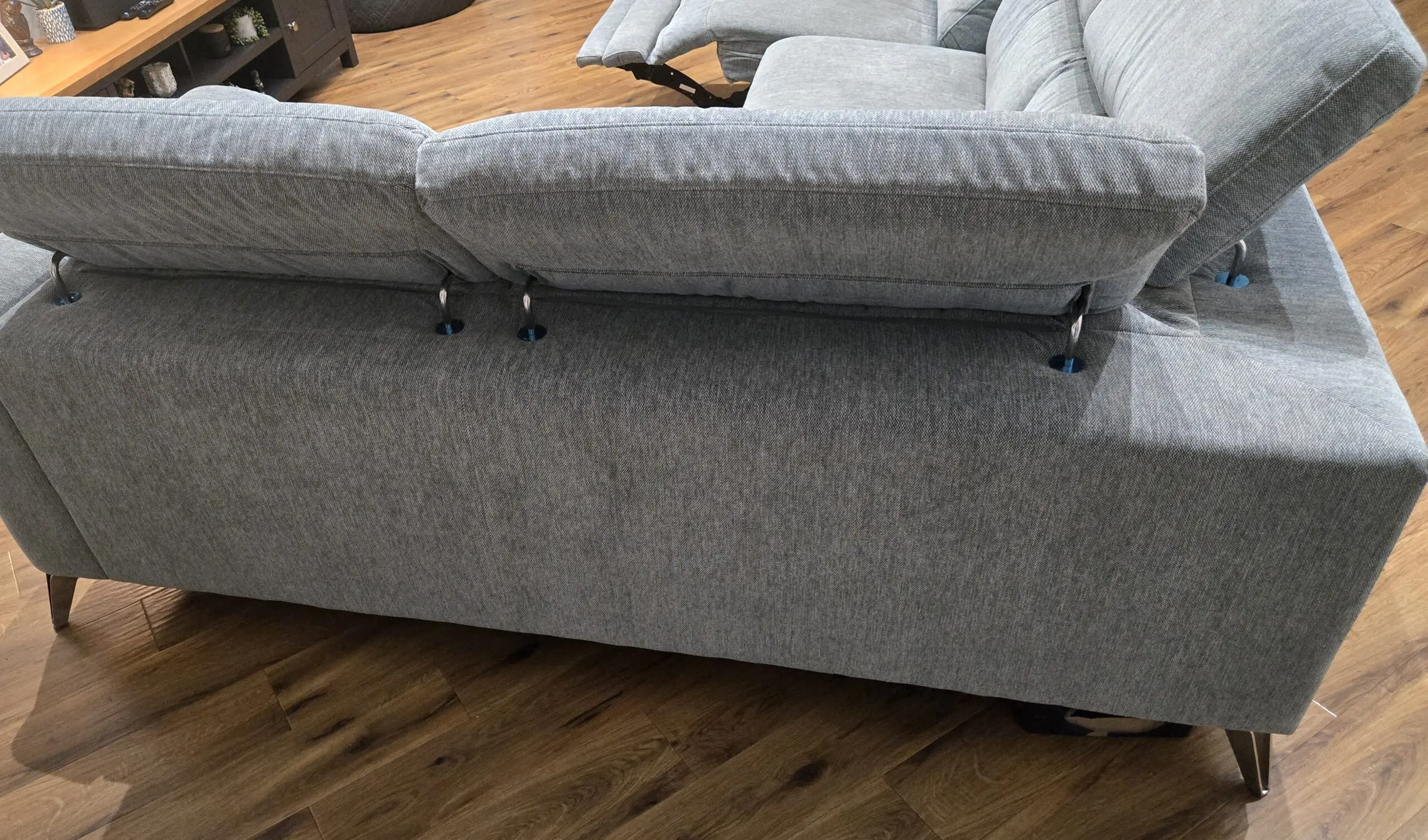 Left hand corner sofa in Teal, 4 seater with battery powered recliner plus footstool in same colour / fabric