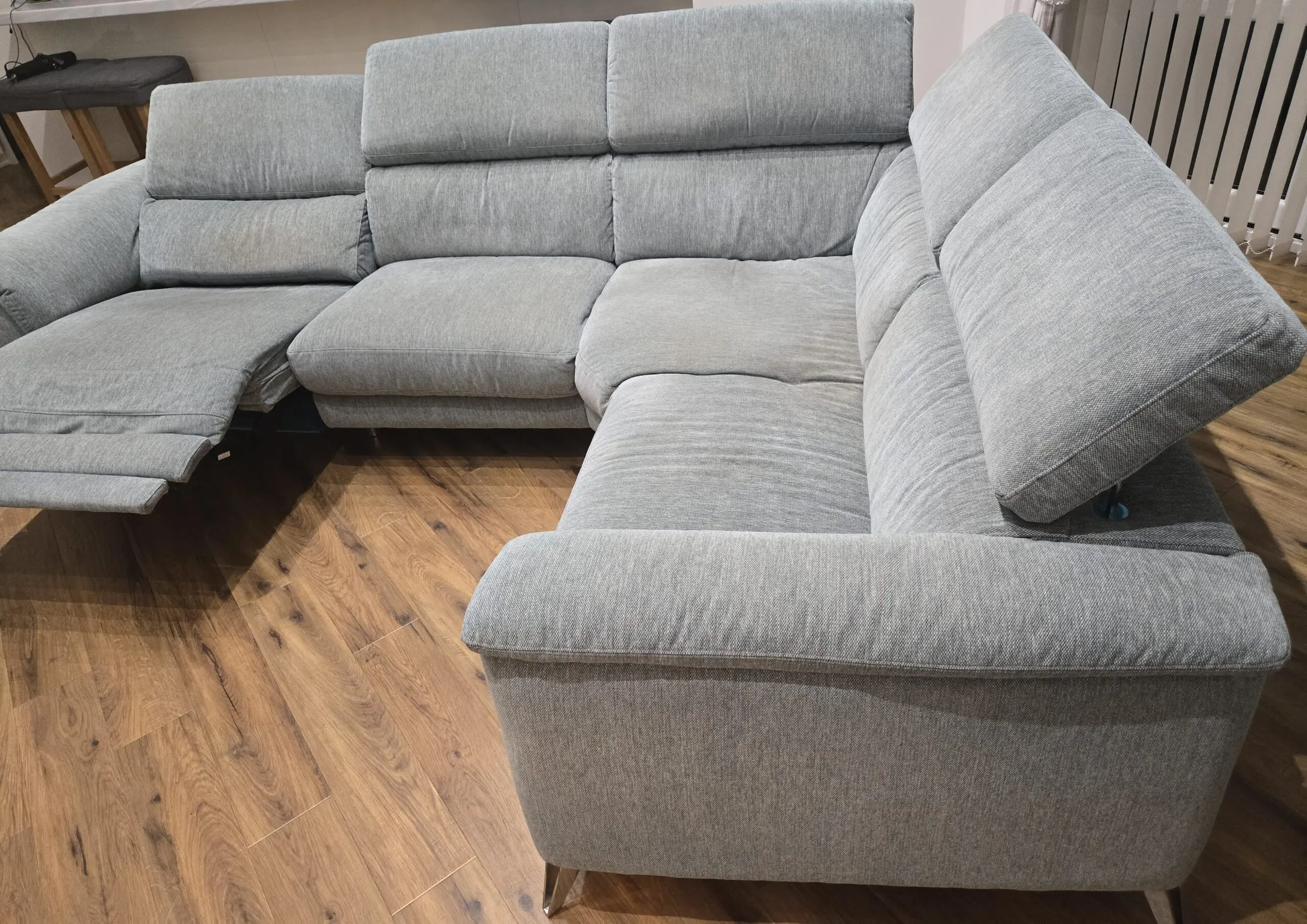 Left hand corner sofa in Teal, 4 seater with battery powered recliner plus footstool in same colour / fabric