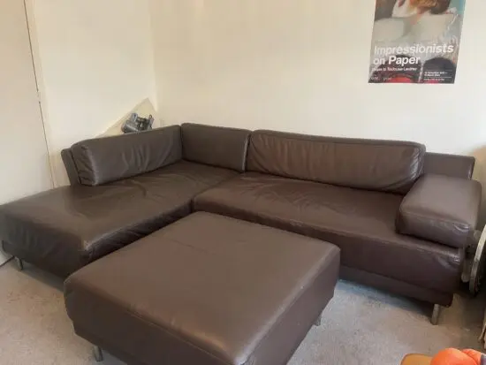 Brown faux leather habitat sofa, L-shaped with pouffe
