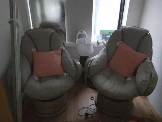 Pair of grey flat arm rocker and swivel chairs