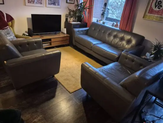 DFS, 3 piece suite, real leather, Grey with black piping, retro look, great condition