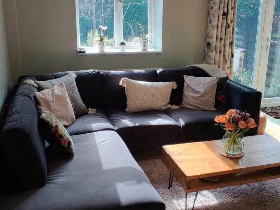 Grey left-hand corner sofa in aquaclean velvet, Rose and Grey