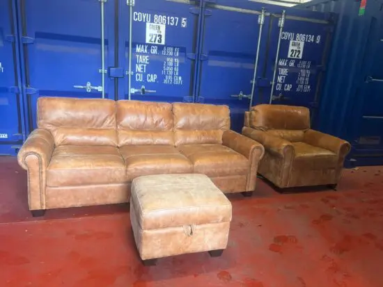 DFS Tan Leather 3 Seater, Chair and Footstool.