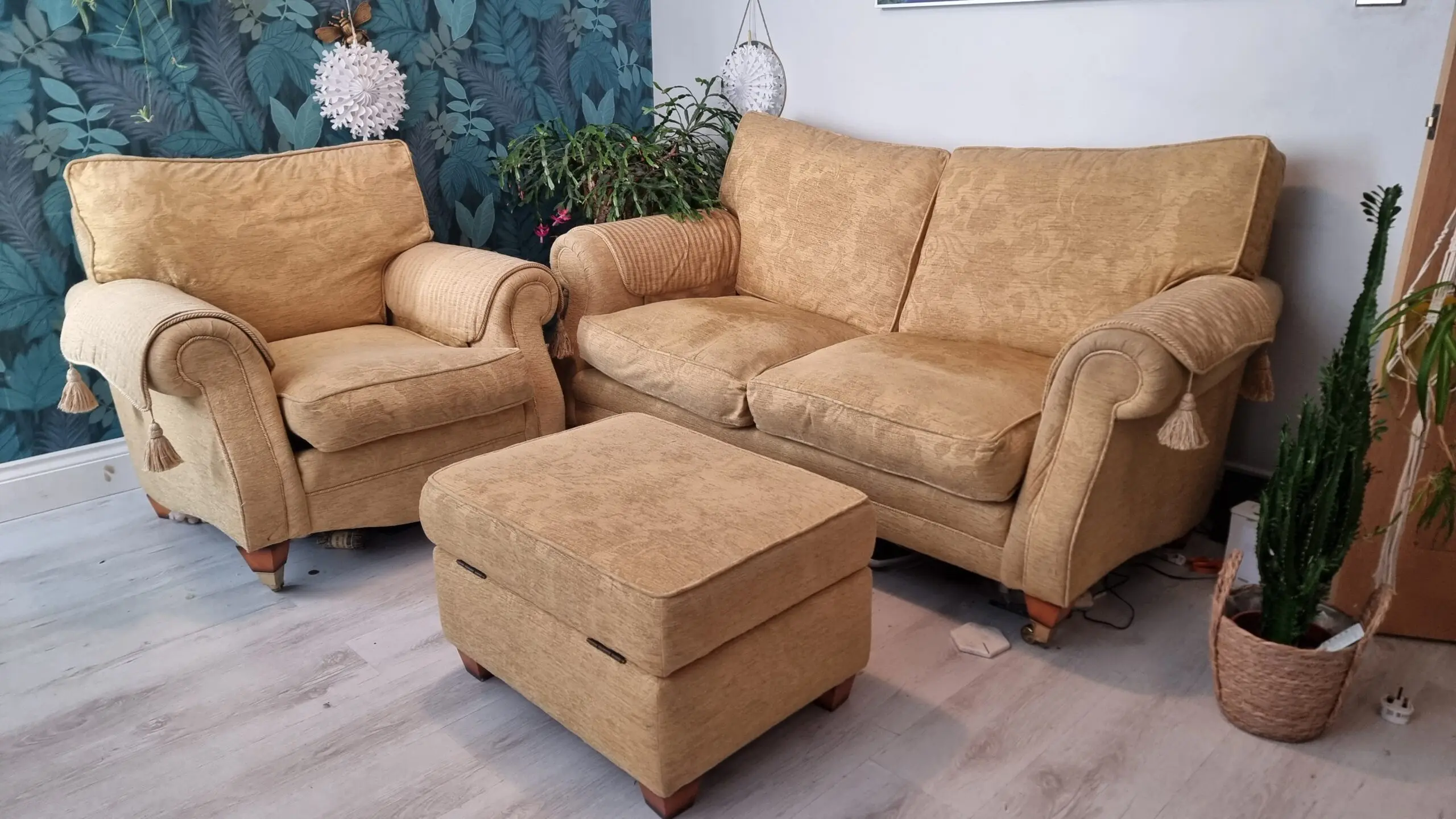 Gold/Yellow Sofa, Armchair and Storage Footstall