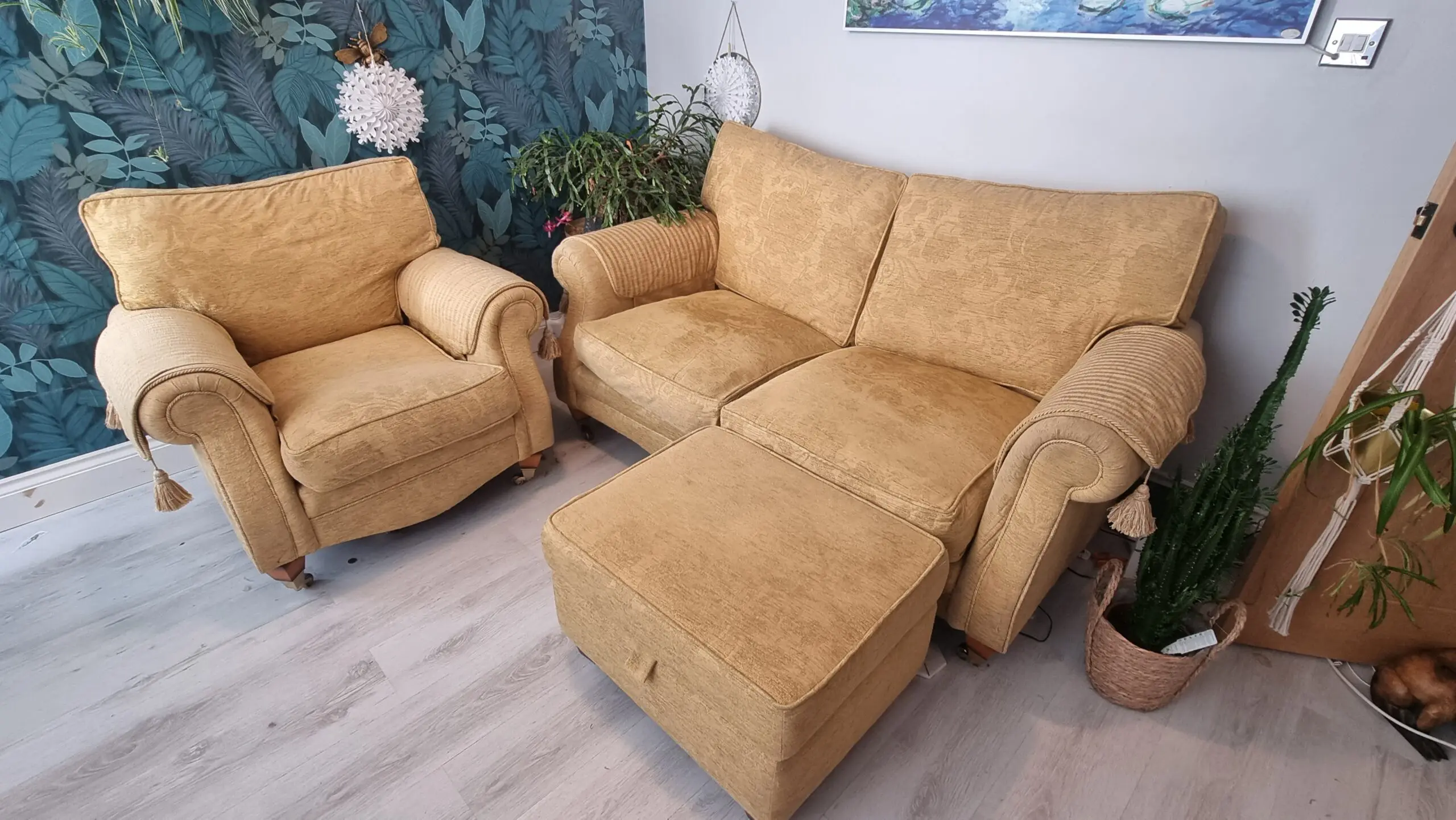 Gold/Yellow Sofa, Armchair and Storage Footstall