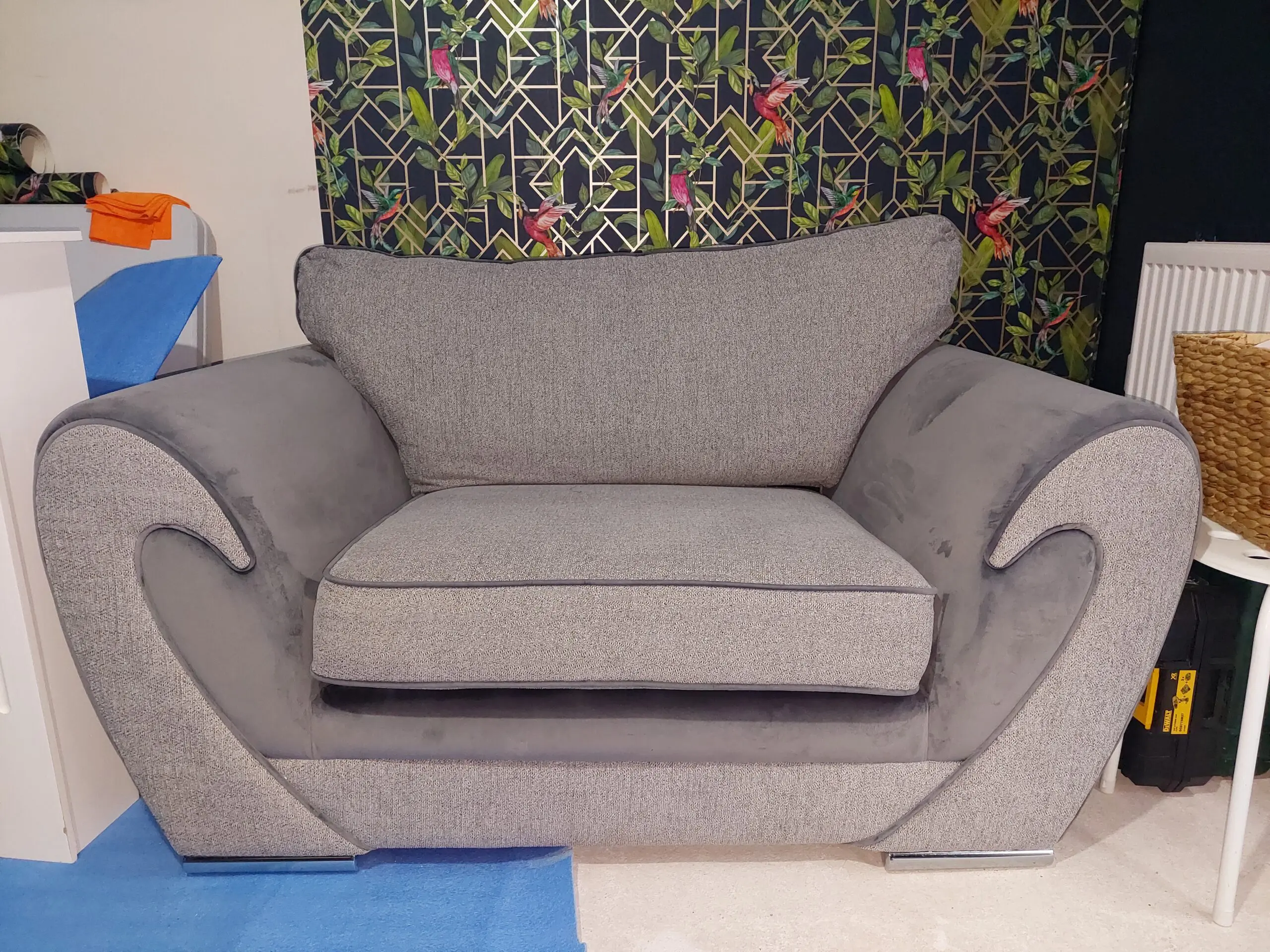Grey SCS 3 Seater Sofa with scatter back cushions and matching Cuddle/Love Seat