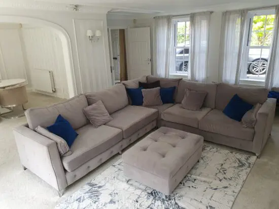 XL 7 Seater Corner Sofa Suite + Pouffe, Mink Grey, Suede Velvet (cost 4k new