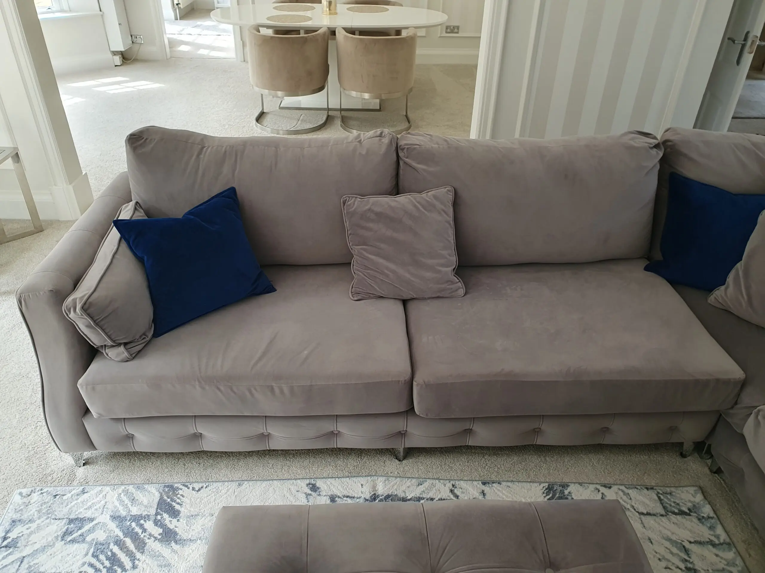 XL 7 Seater Corner Sofa Suite + Pouffe, Mink Grey, Suede Velvet (cost 4k new