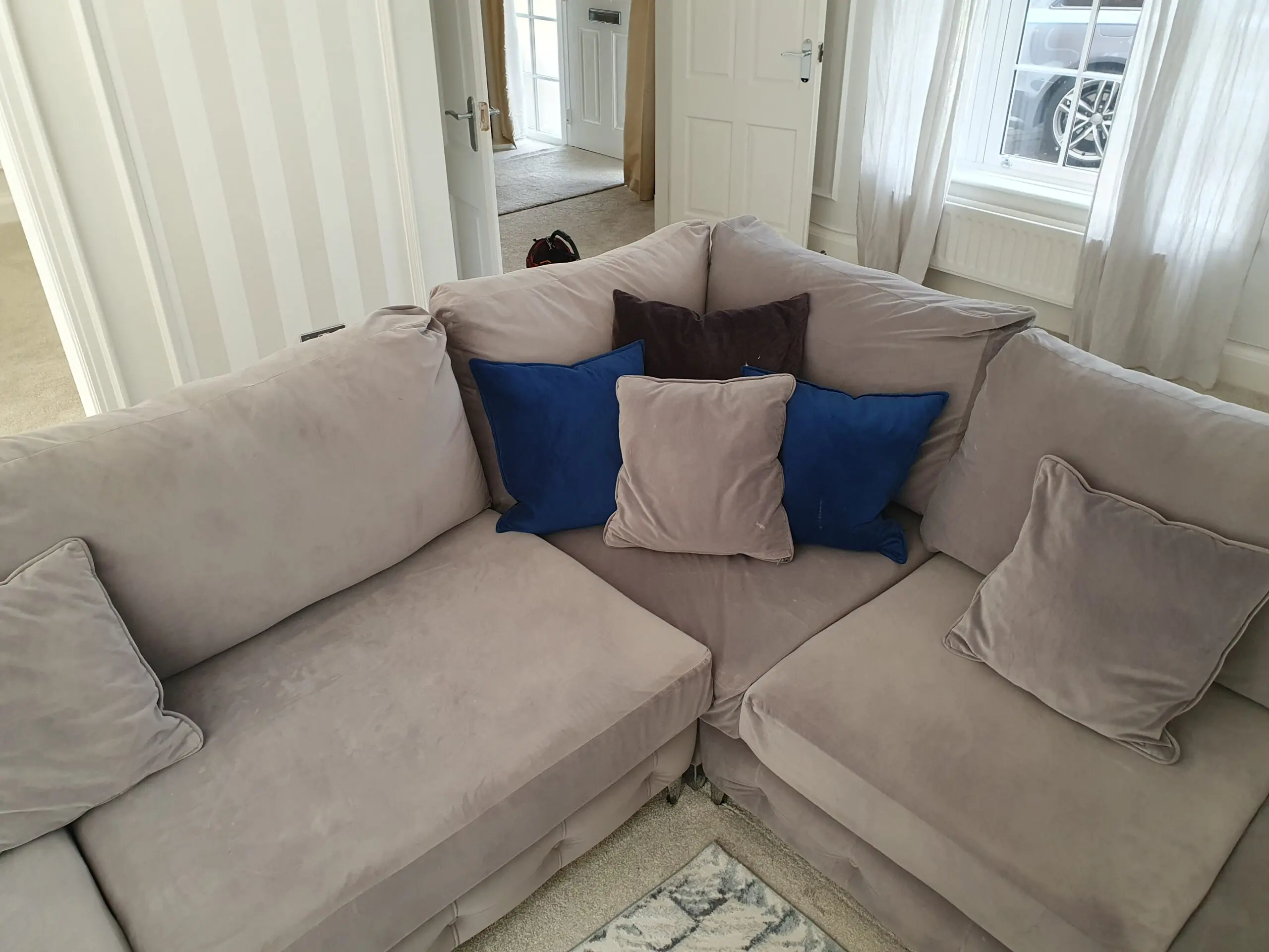 XL 7 Seater Corner Sofa Suite + Pouffe, Mink Grey, Suede Velvet (cost 4k new