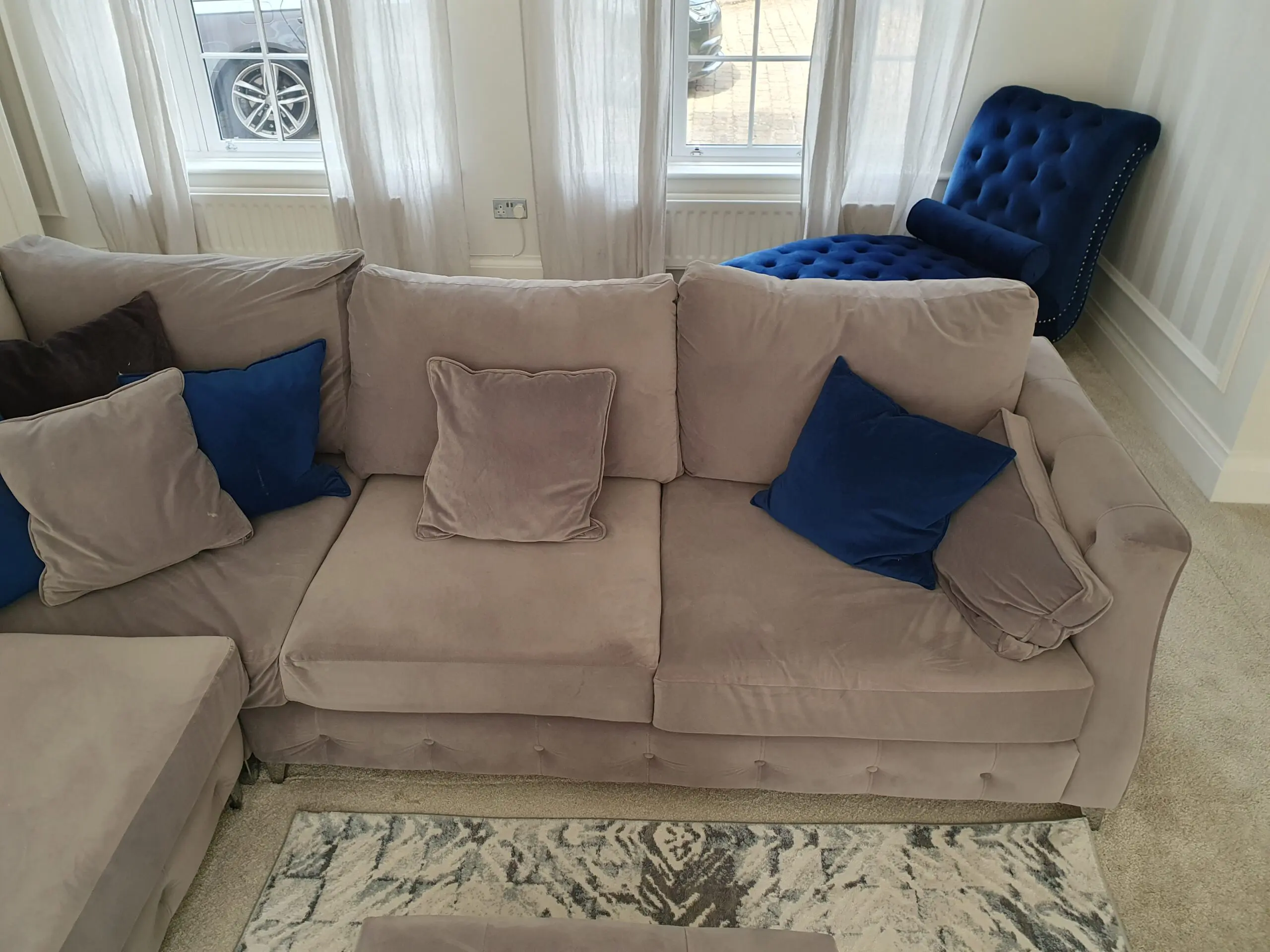 XL 7 Seater Corner Sofa Suite + Pouffe, Mink Grey, Suede Velvet (cost 4k new