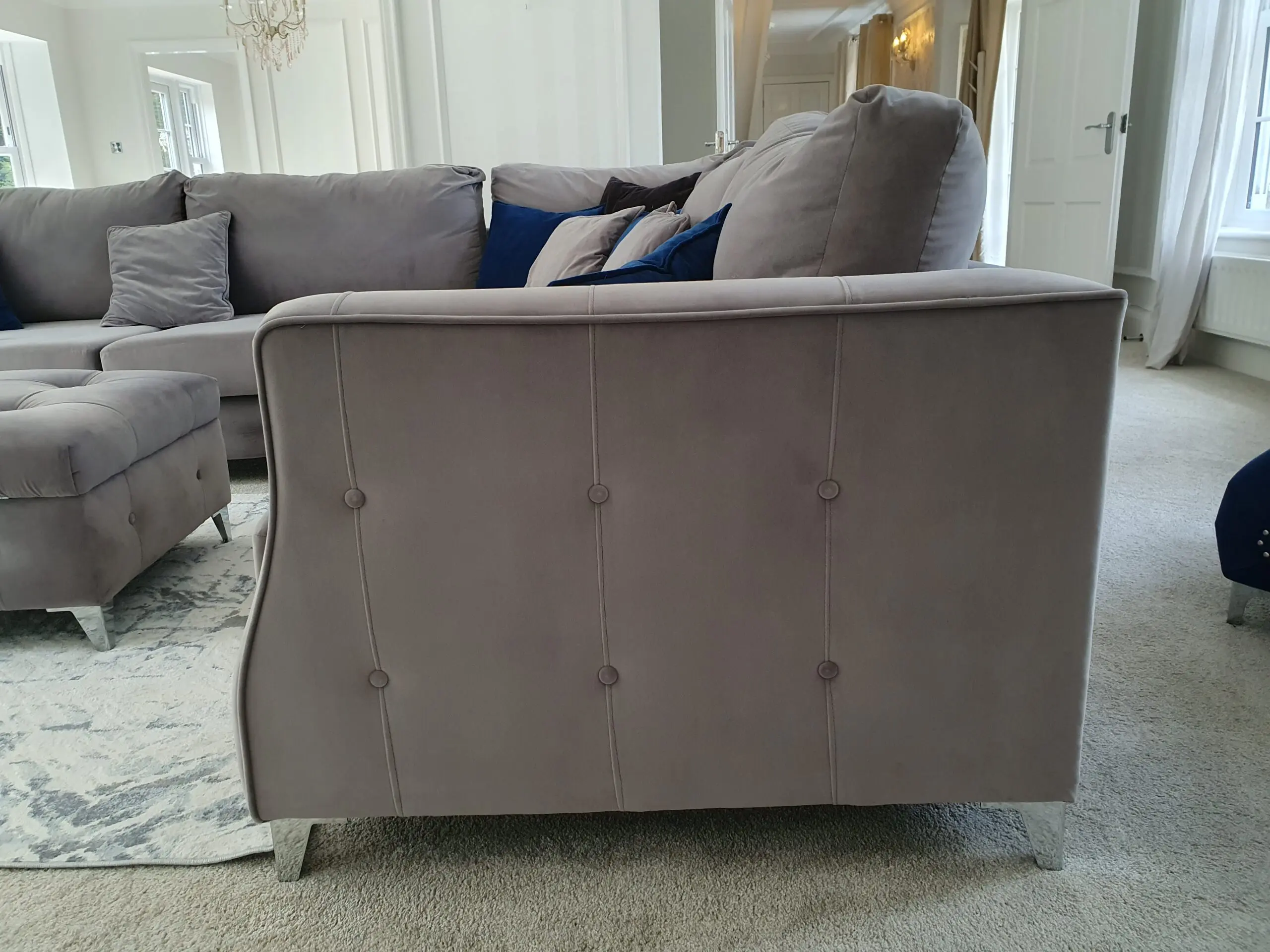 XL 7 Seater Corner Sofa Suite + Pouffe, Mink Grey, Suede Velvet (cost 4k new