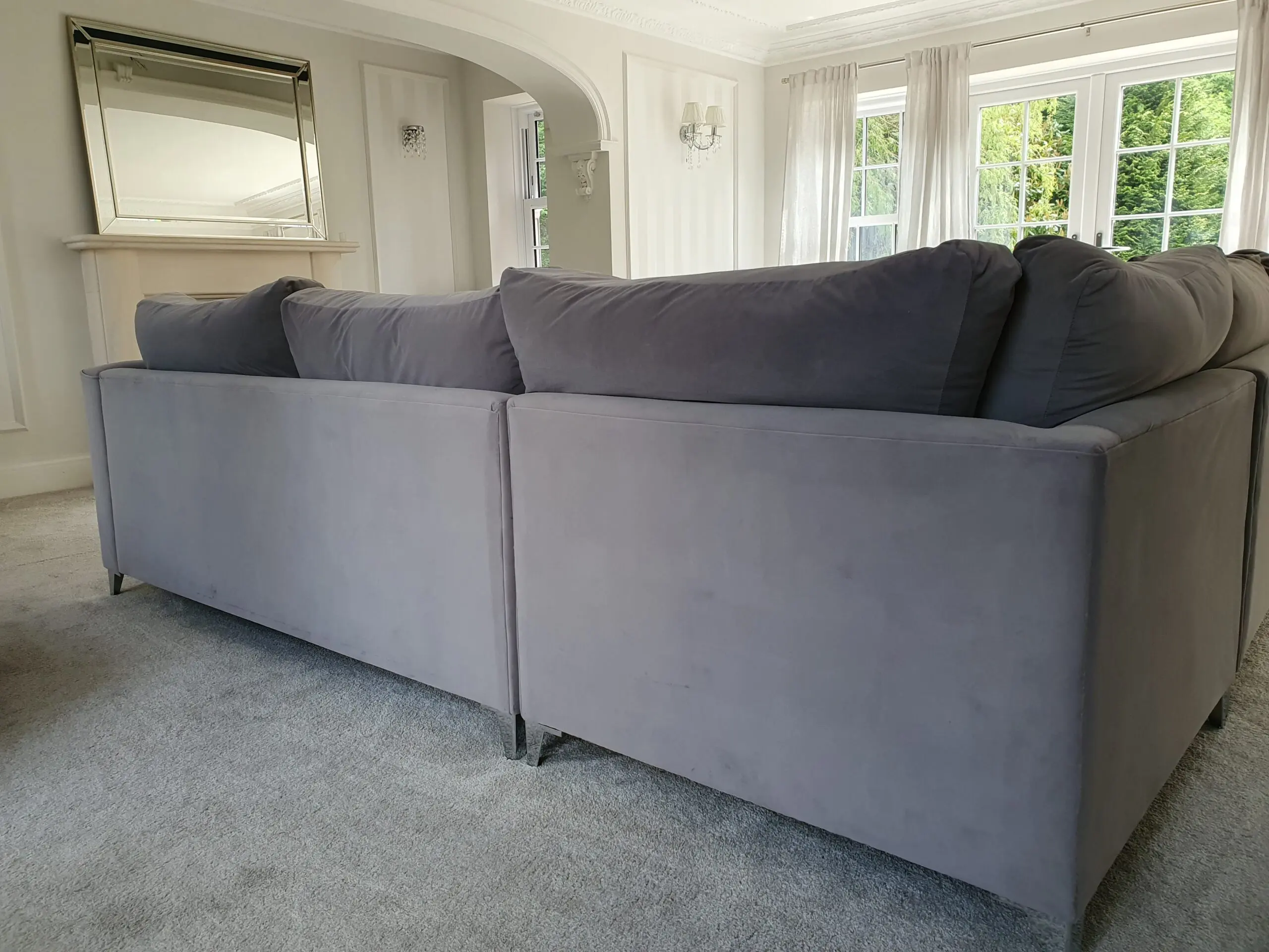 XL 7 Seater Corner Sofa Suite + Pouffe, Mink Grey, Suede Velvet (cost 4k new