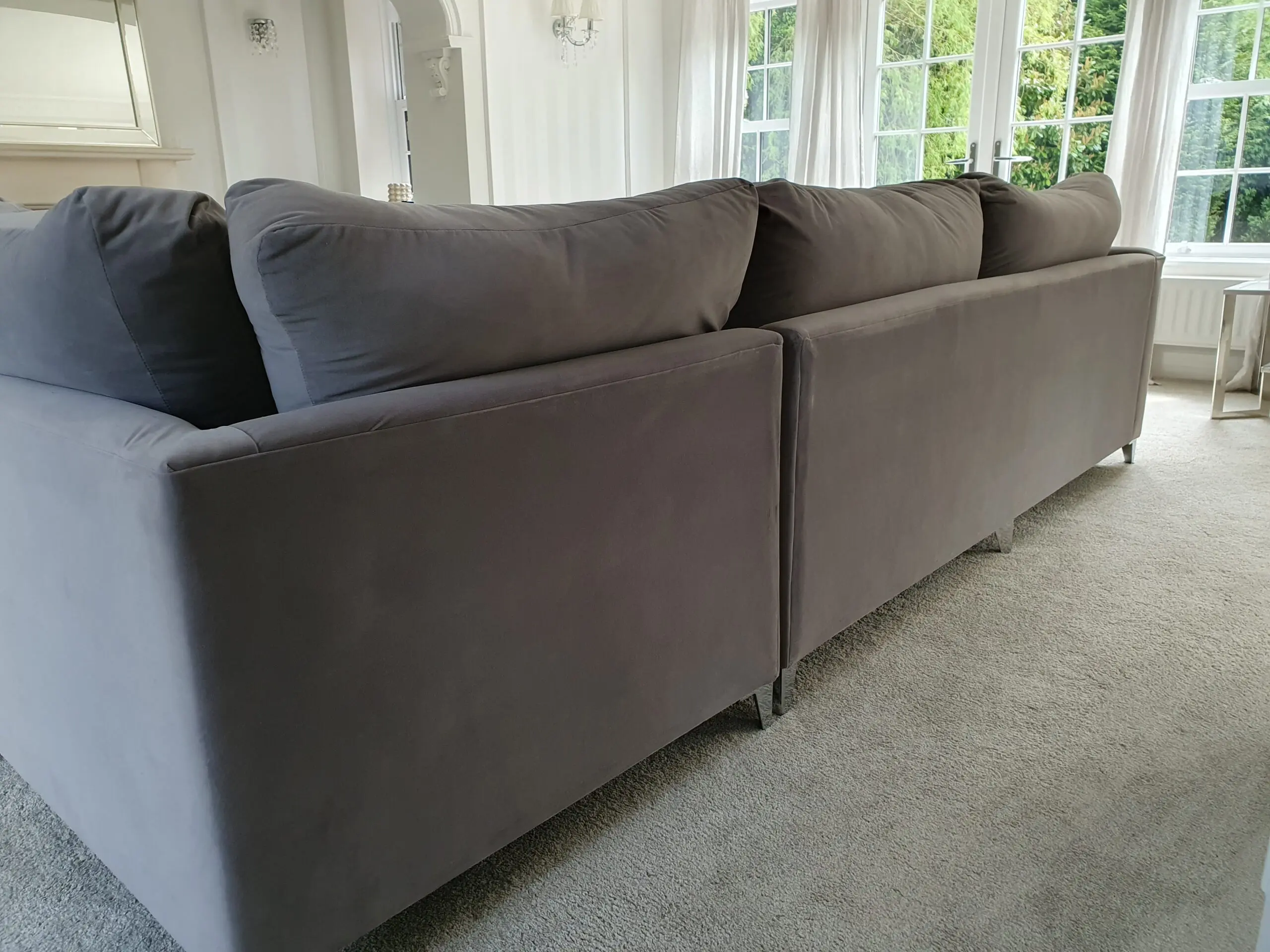 XL 7 Seater Corner Sofa Suite + Pouffe, Mink Grey, Suede Velvet (cost 4k new