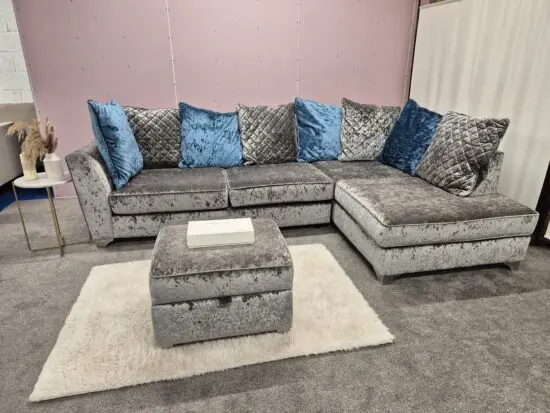 DFS Crushed Velvet Silver Corner Sofa & Footstool