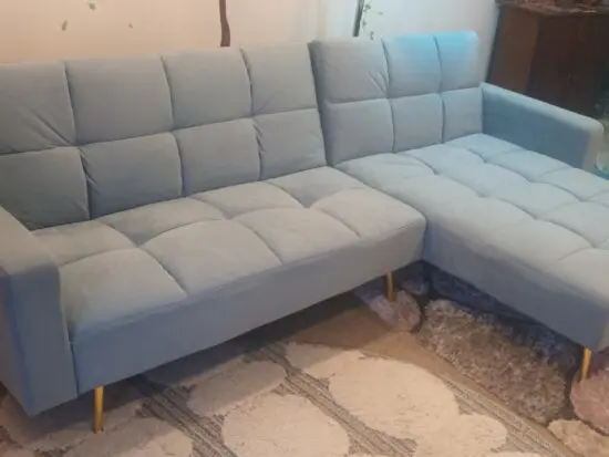3 stage reclining, Corner Sofa/2Seat Sofa and Chaise: Pale Blue, Faux Suede, Firm, V-Good Condition
