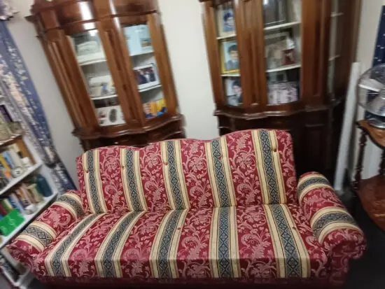 Vintage Sofa Bed with Storage – 1960s/70s – Red, Blue & Gold Striped Upholstery