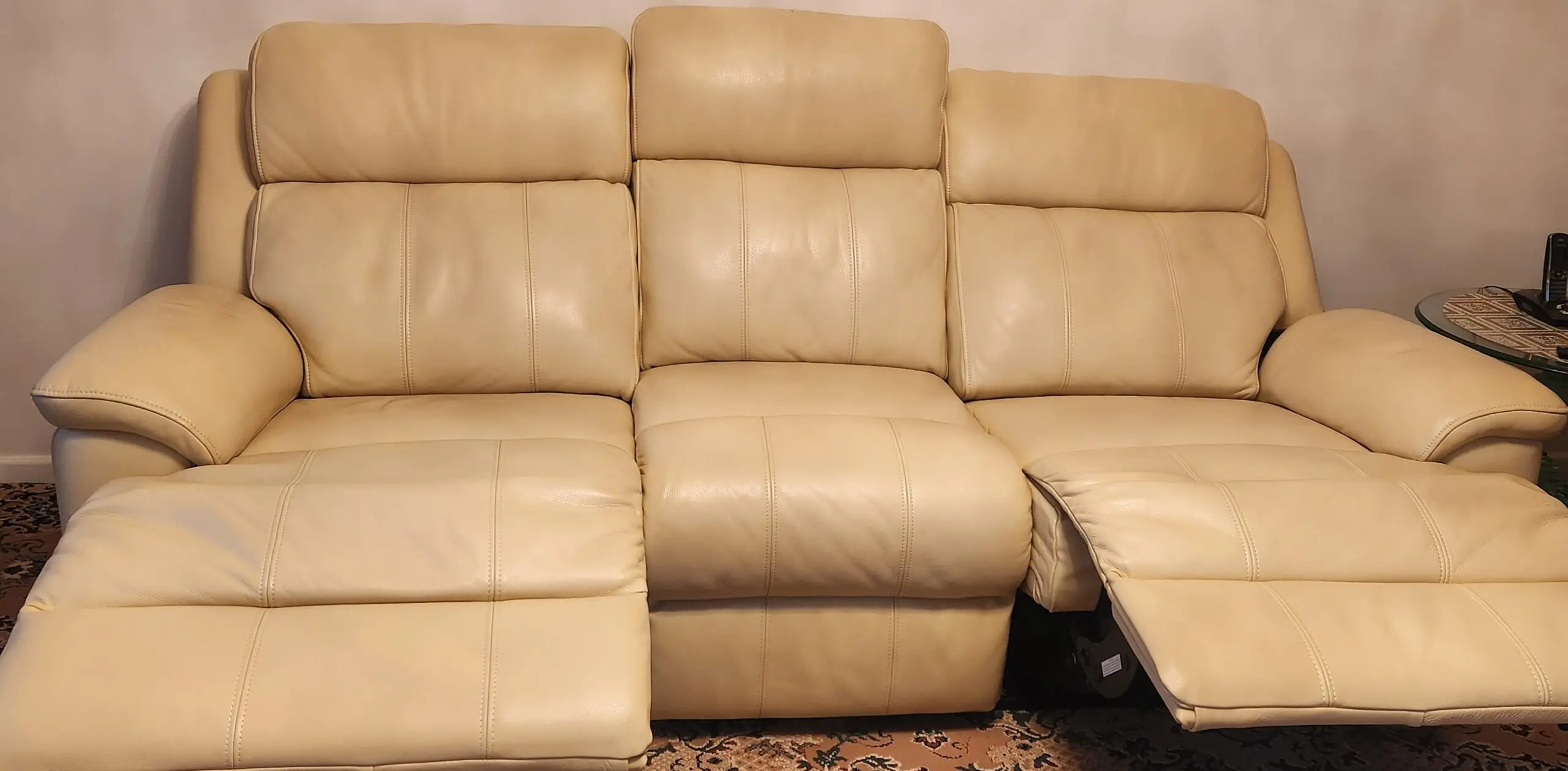 Beige Leather 3 seater with 1 chair Recliner Sofas