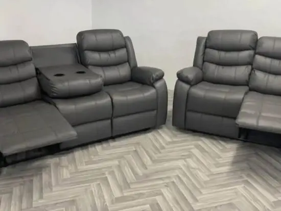 Grey 3+2 Leather Recliner Sofa Set with cup holders