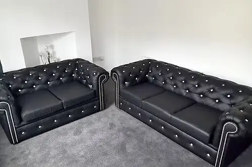 3 Seater & 2 Seater Chesterfield Leather Sofa Set In Black For Sale