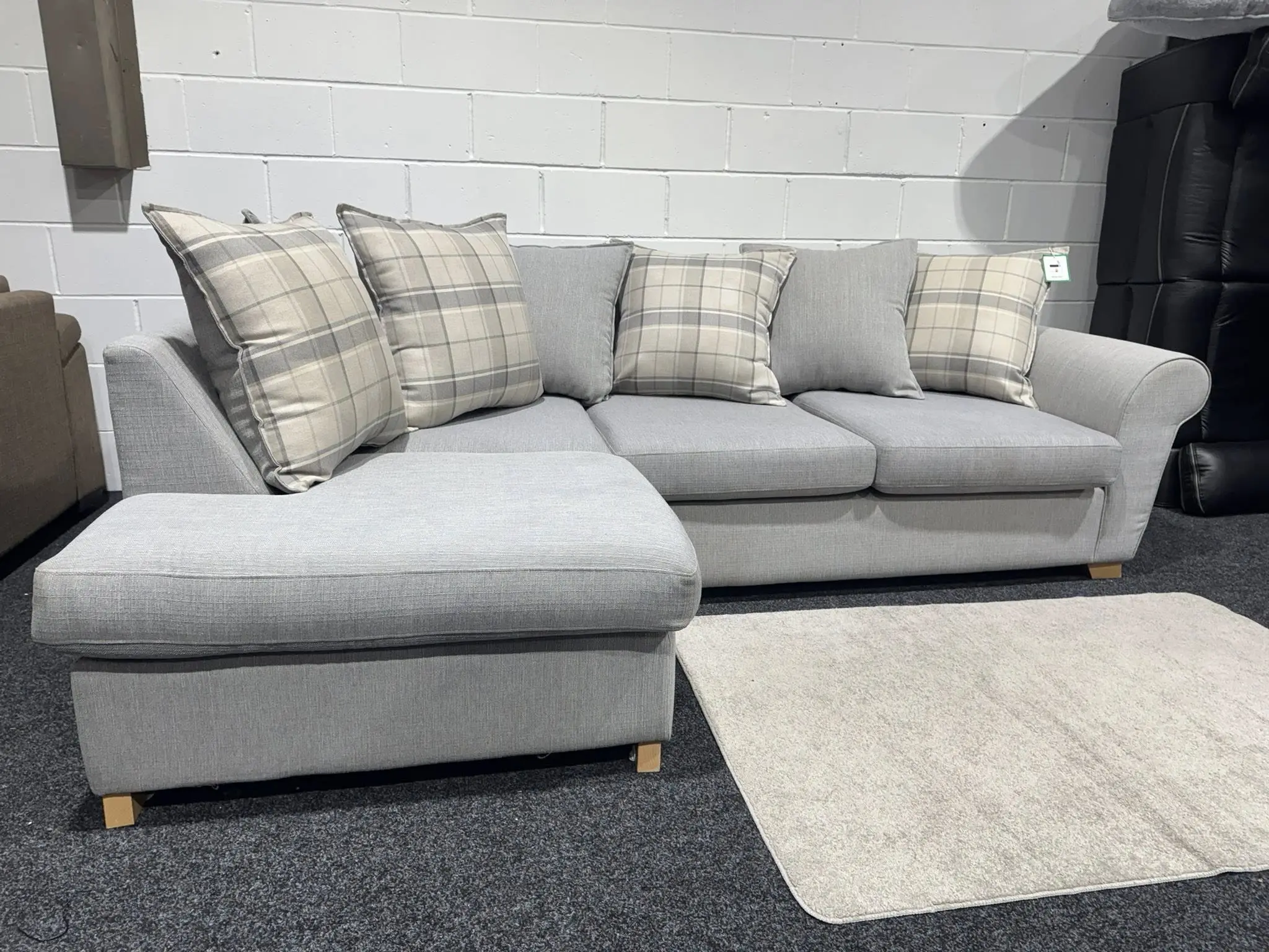 DFS Light Grey L Shape Corner Sofa With Pattern Cushions