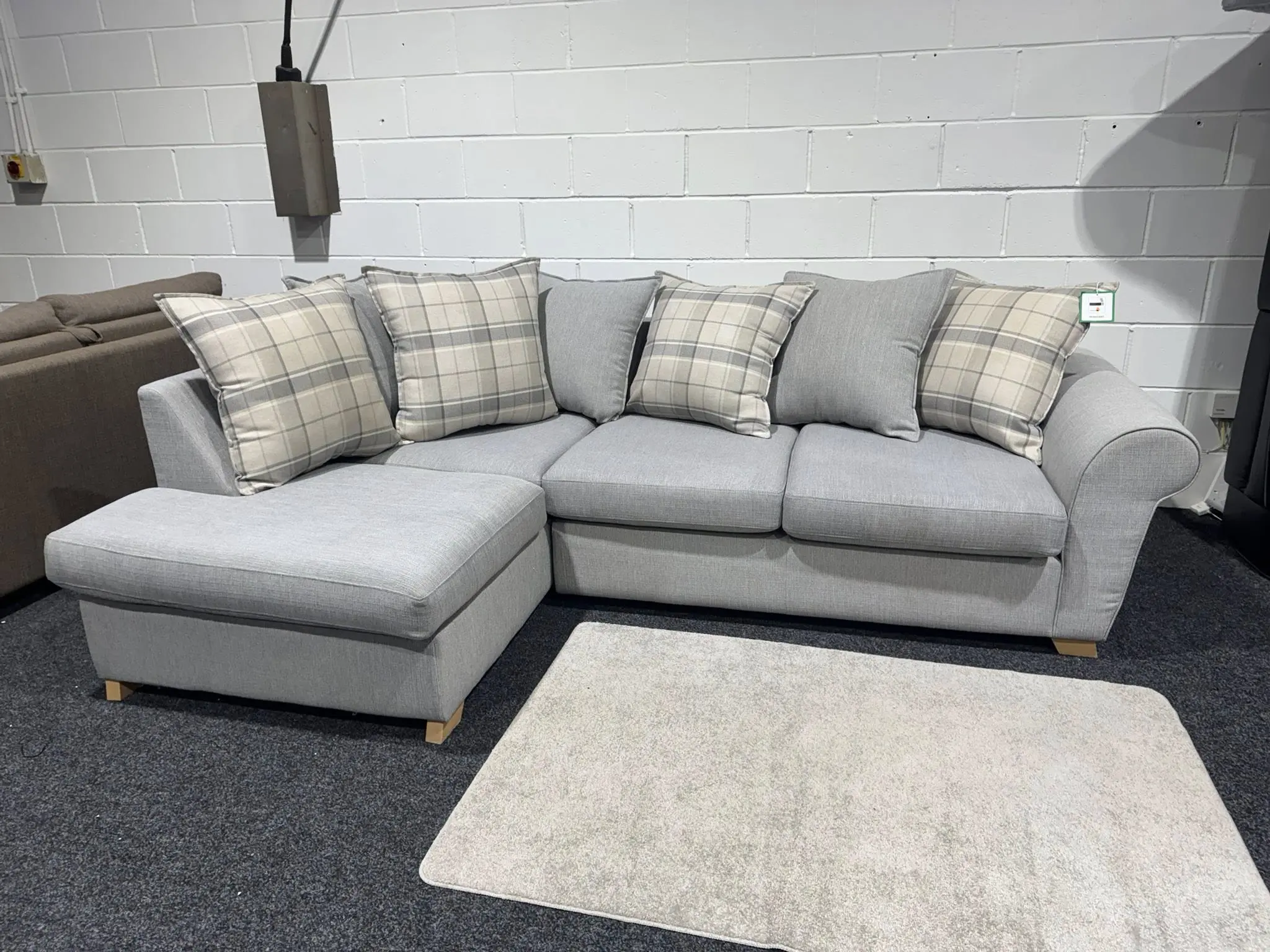 DFS Light Grey L Shape Corner Sofa With Pattern Cushions