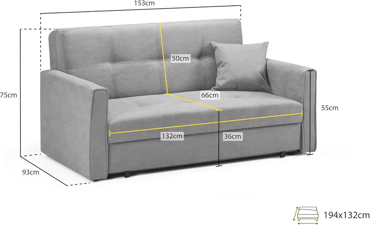 2 Seater Sofabed with under-seat storage (93D x 153L x 75H cm), sleeping area: 194x132 cm